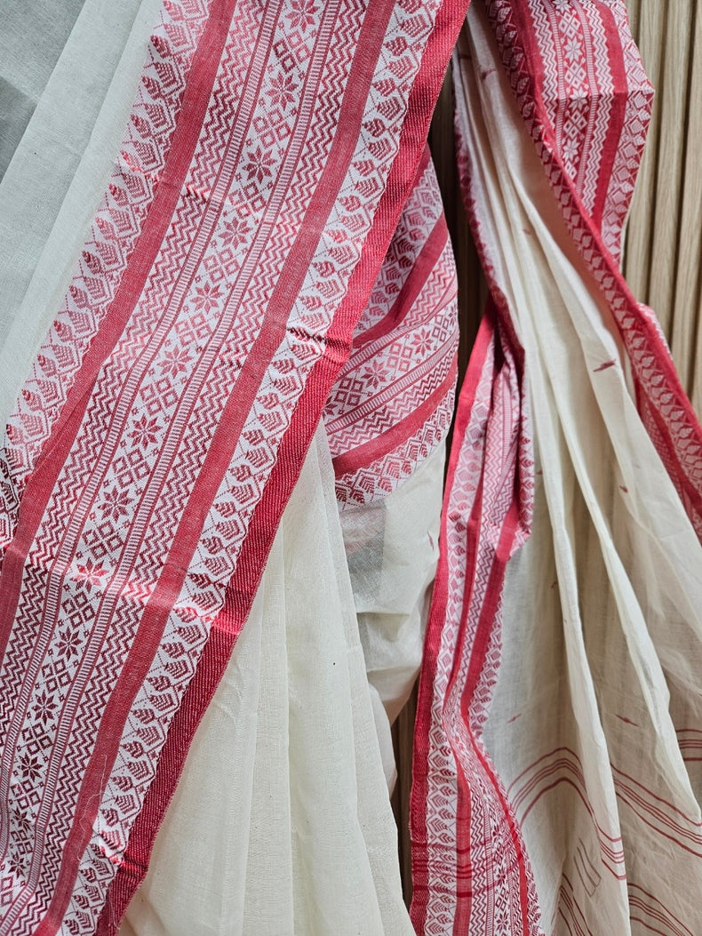 Off-White & Red Handloom Traditional Cotton Saree Balaram Saha