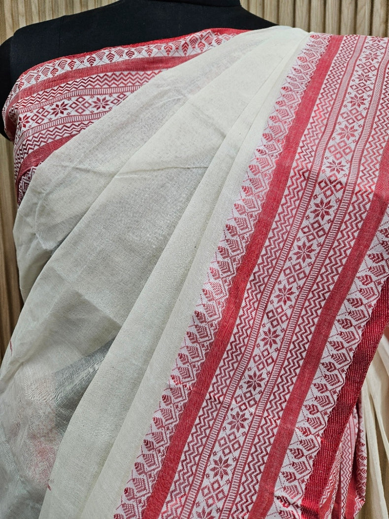 Off-White & Red Handloom Traditional Cotton Saree Balaram Saha
