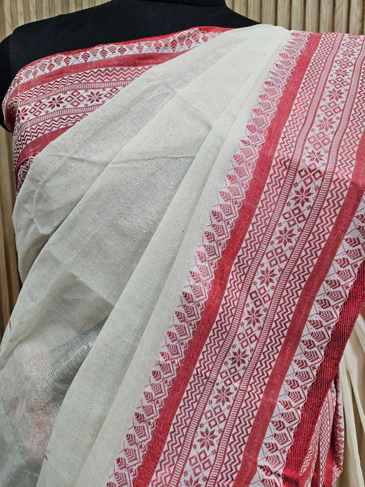 Off-White & Red Handloom Traditional Cotton Saree Balaram Saha
