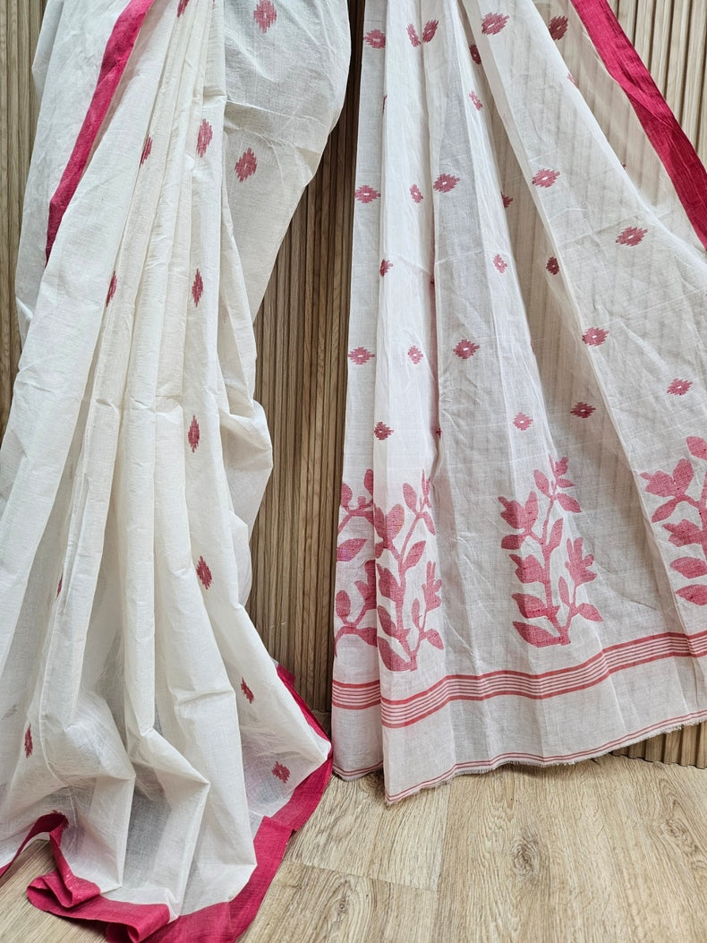 Off-White & Red Traditional Handwwoven Cotton Jamdani Saree Balaram Saha