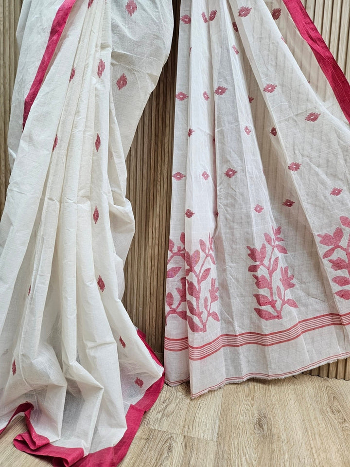 Off-White & Red Traditional Handwwoven Cotton Jamdani Saree Balaram Saha