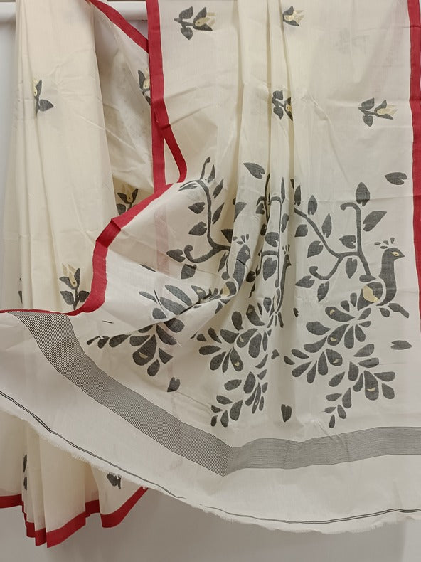 White & Red Handloom Handwoven Cotton Jamdani Saree with Bird Motif Balaram Saha