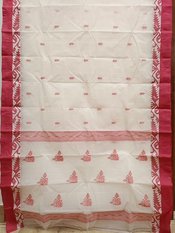 White & Red Handloom Tradition Tangail Cotton Saree Balaram Saha