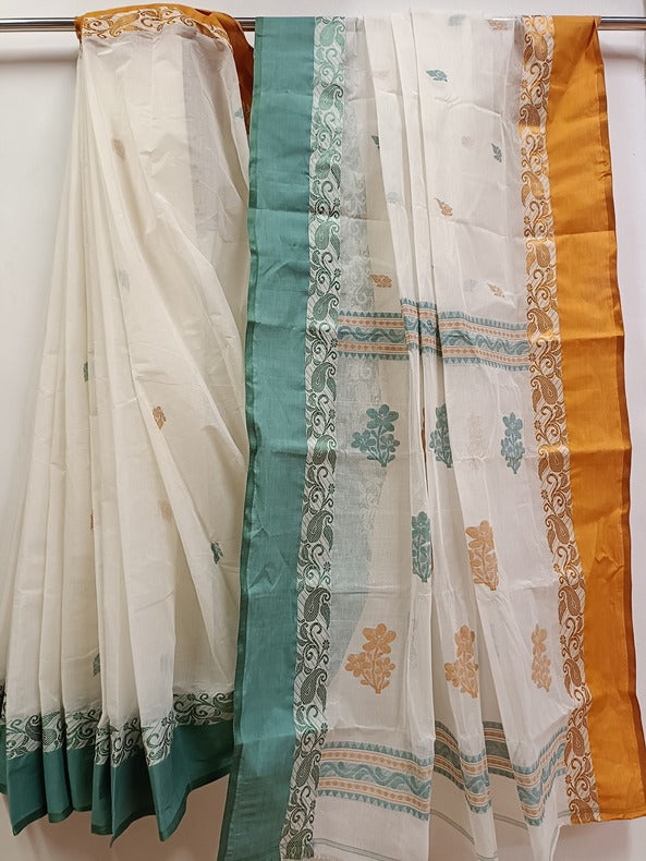 White Handloom Traditional Cotton Saree With Ganga Jamuna Border Balaram Saha
