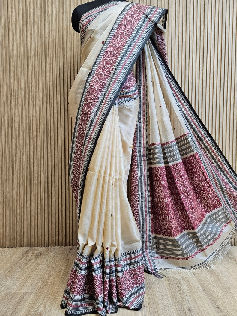 Beige Handloom Tussar Silk Saree with Black & Maroon Contrast Woven Border and Aanchal Balaram Saha