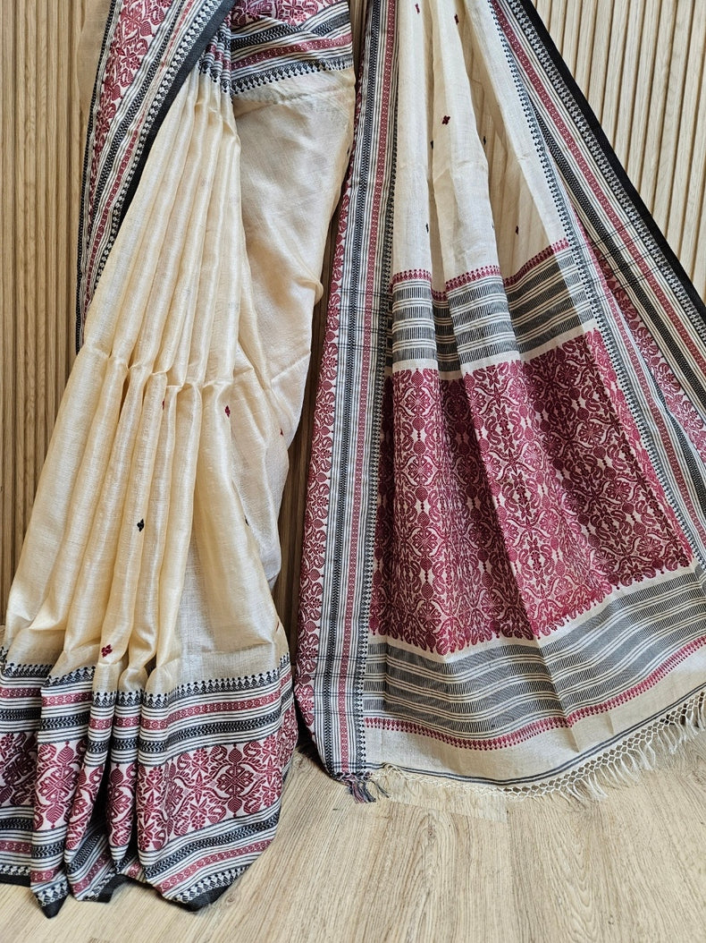 Beige Handloom Tussar Silk Saree with Black & Maroon Contrast Woven Border and Aanchal Balaram Saha
