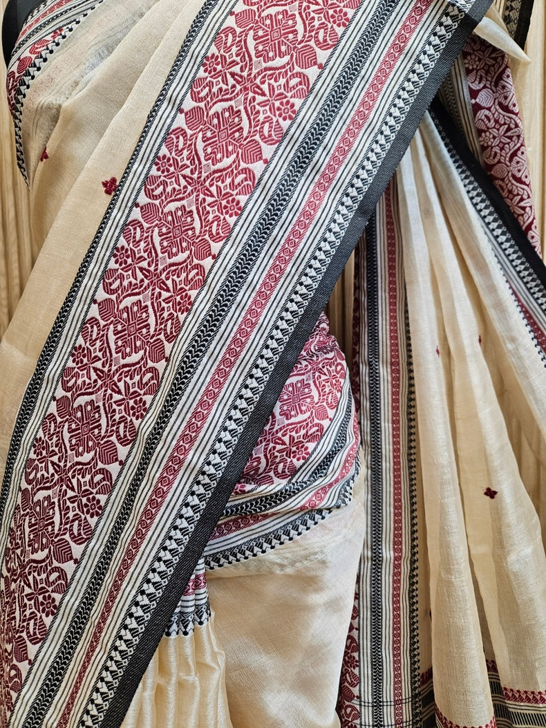 Beige Handloom Tussar Silk Saree with Black & Maroon Contrast Woven Border and Aanchal Balaram Saha