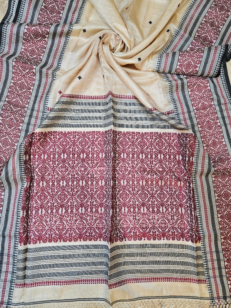 Beige Handloom Tussar Silk Saree with Black & Maroon Contrast Woven Border and Aanchal Balaram Saha