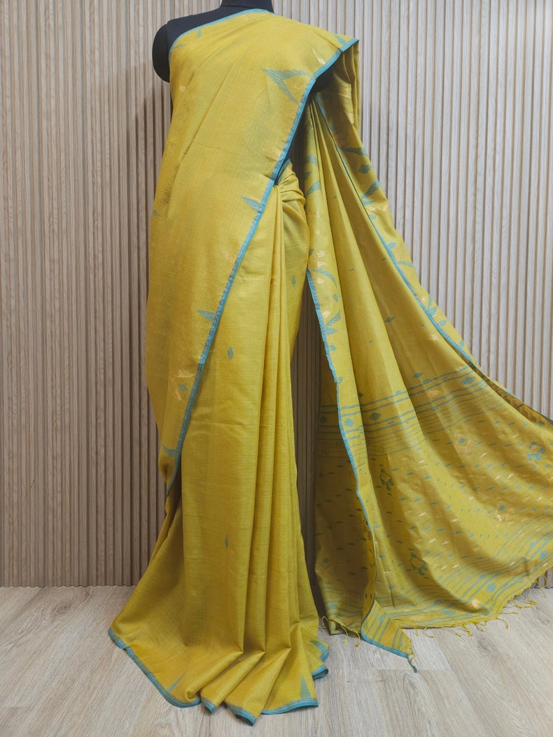 Mustard Green & Blue Hanwoven Tussar Silk Jamdani Saree Balaram Saha