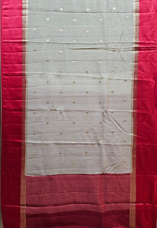 Beige & Red Handloom Tussar Silk Saree with Satin Border and Woven Motifs Balaram Saha