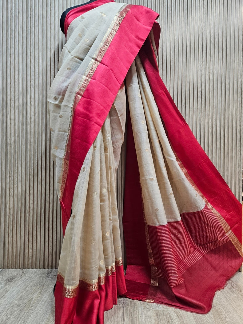 Beige & Red Handloom Tussar Silk Saree with Satin Border and Woven Motifs Balaram Saha