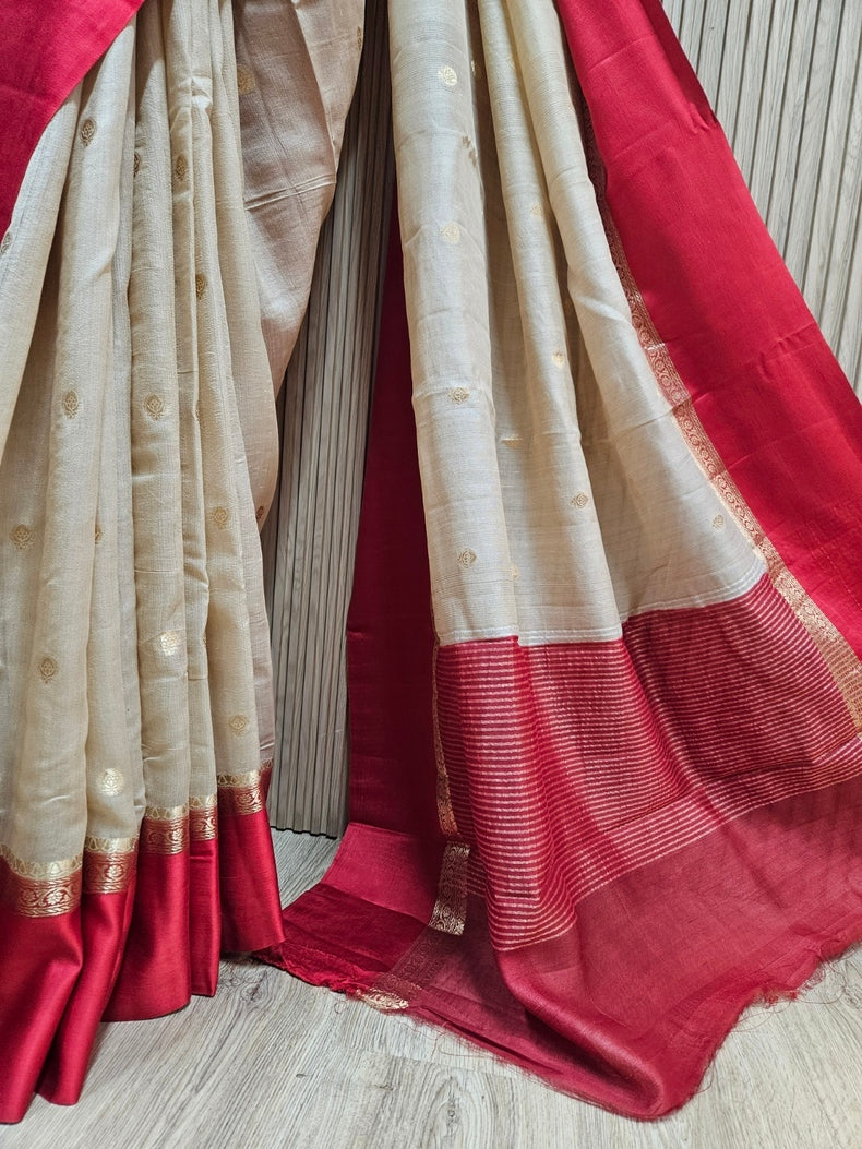 Beige & Red Handloom Tussar Silk Saree with Satin Border and Woven Motifs Balaram Saha