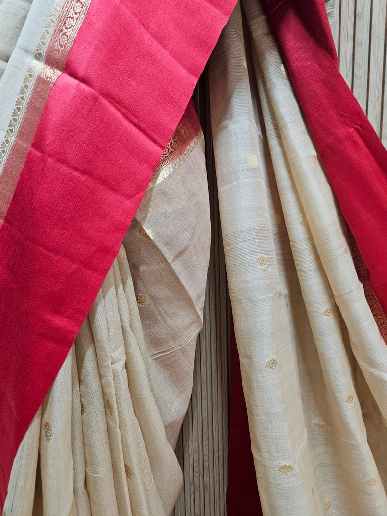 Beige & Red Handloom Tussar Silk Saree with Satin Border and Woven Motifs Balaram Saha