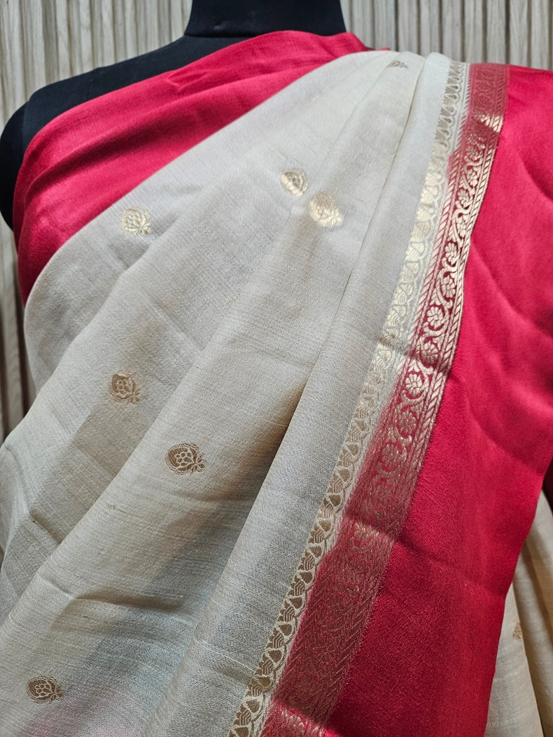 Beige & Red Handloom Tussar Silk Saree with Satin Border and Woven Motifs Balaram Saha