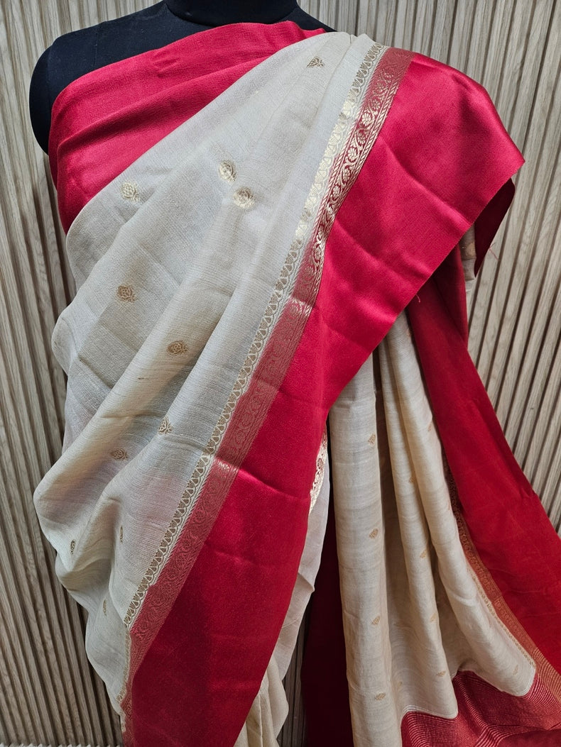 Beige & Red Handloom Tussar Silk Saree with Satin Border and Woven Motifs Balaram Saha