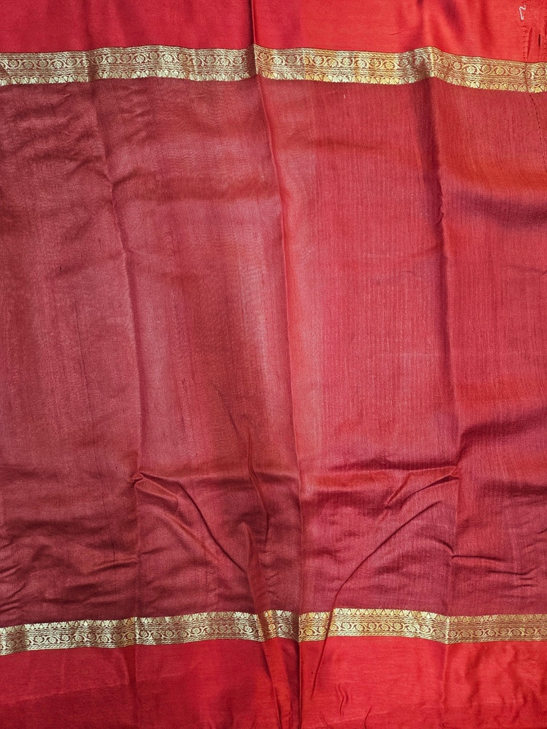 Beige & Red Handloom Tussar Silk Saree with Satin Border and Woven Motifs Balaram Saha