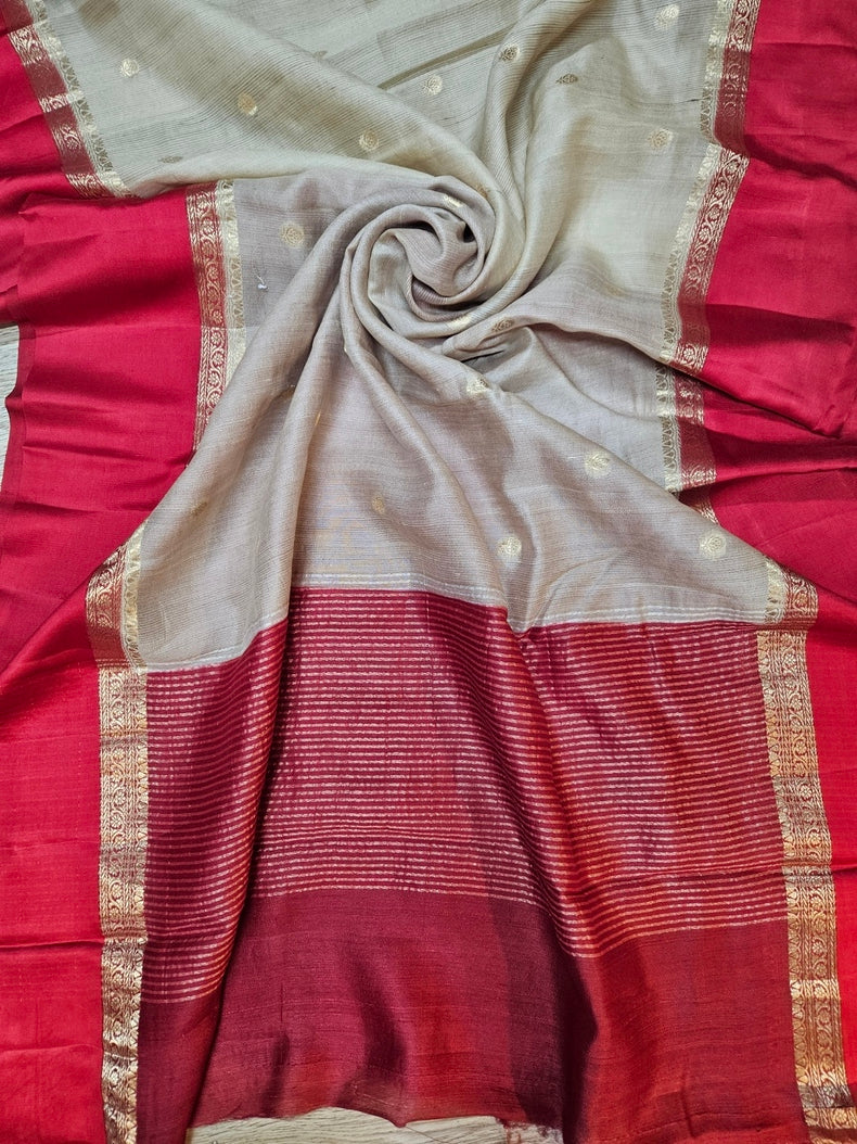 Beige & Red Handloom Tussar Silk Saree with Satin Border and Woven Motifs Balaram Saha