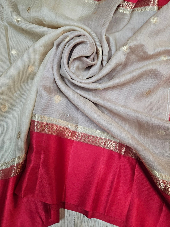 Beige & Red Handloom Tussar Silk Saree with Satin Border and Woven Motifs Balaram Saha