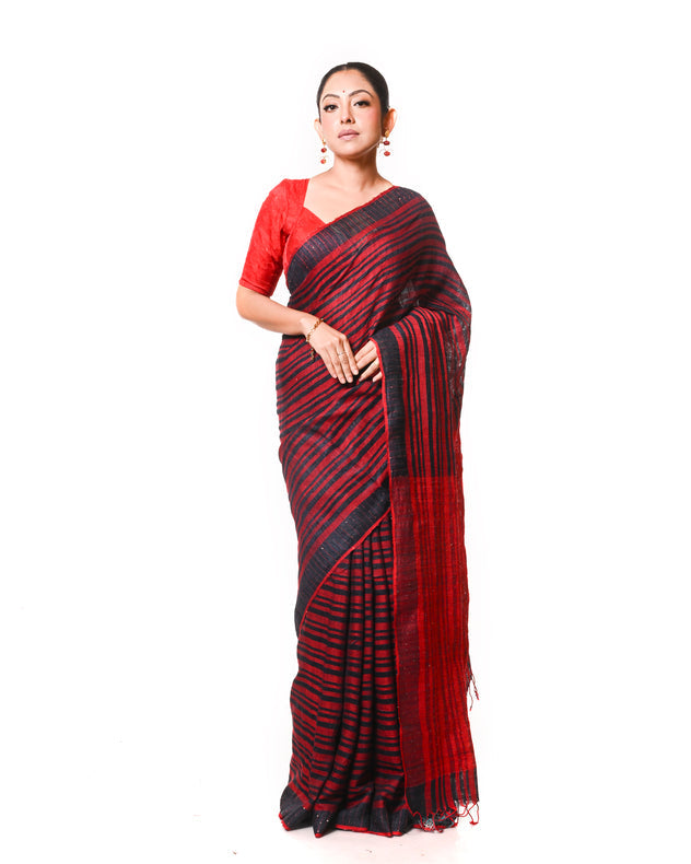 Black & Red Handloom Matka Tussar Silk Saree with Woven Stripes & Sequin Border Balaram Saha