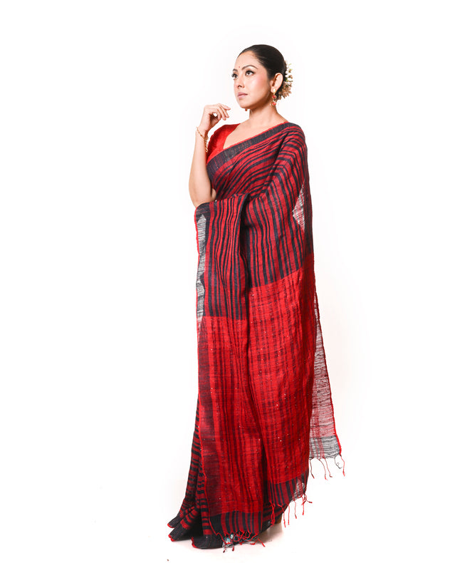 Black & Red Handloom Matka Tussar Silk Saree with Woven Stripes & Sequin Border Balaram Saha