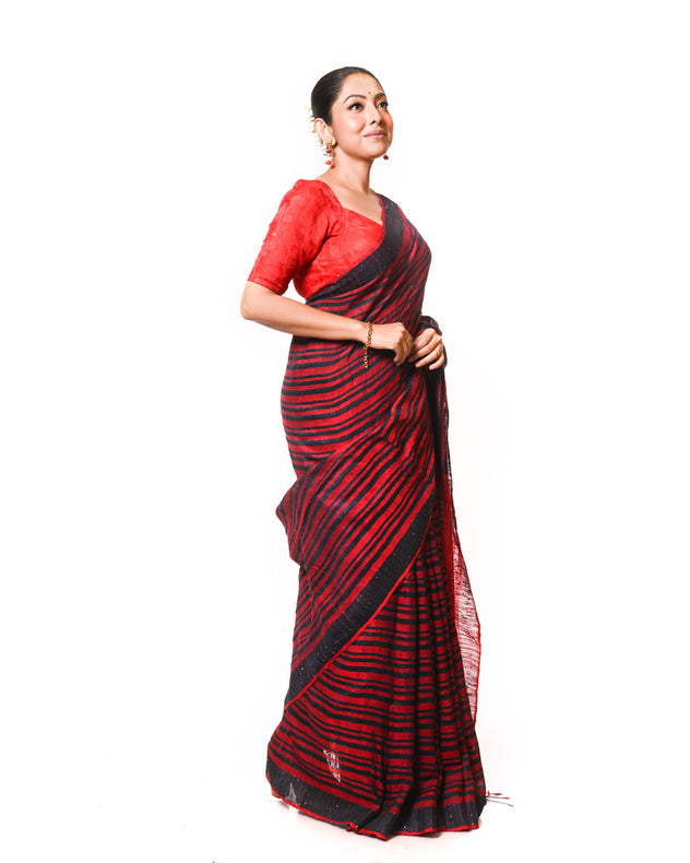 Black & Red Handloom Matka Tussar Silk Saree with Woven Stripes & Sequin Border Balaram Saha