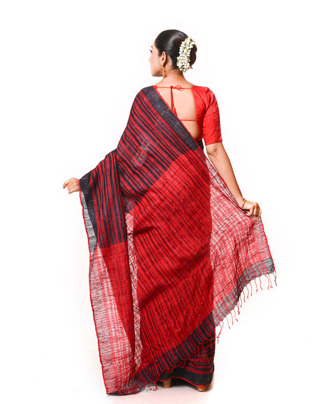 Black & Red Handloom Matka Tussar Silk Saree with Woven Stripes & Sequin Border Balaram Saha