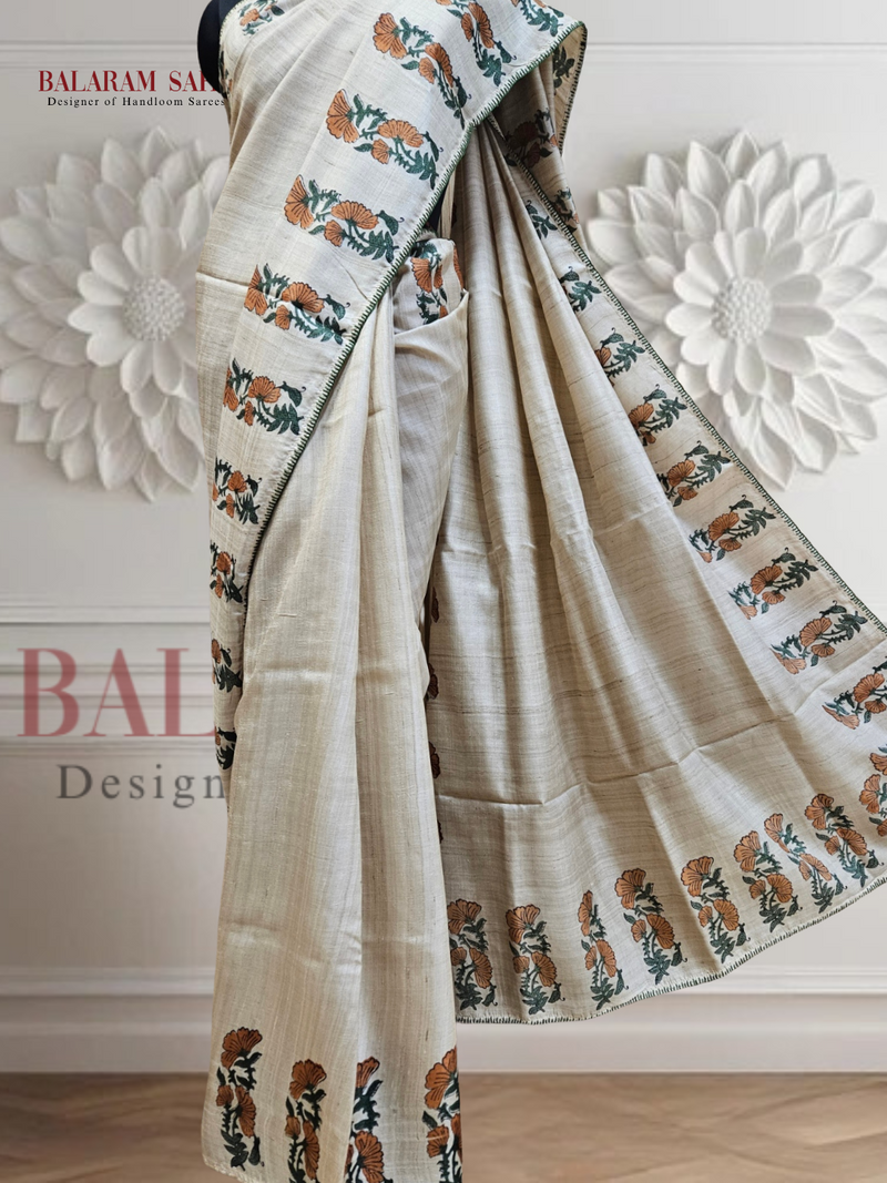 Beige & Red Handloom Vidarbha Tussar Silk Saree With Contrast Border Balaram Saha