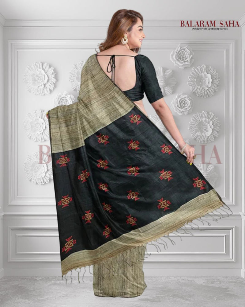Soft Handloom Muslin Tussar Silk Saree with Woven Anchal Balaram Saha