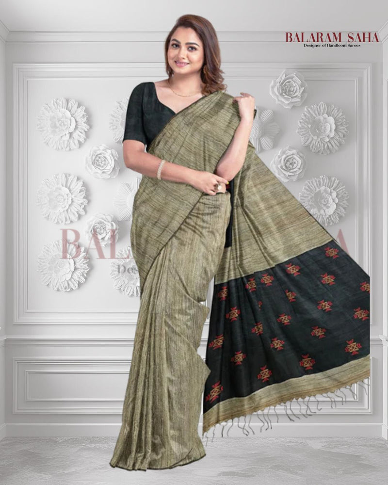 Soft Handloom Muslin Tussar Silk Saree with Woven Anchal Balaram Saha
