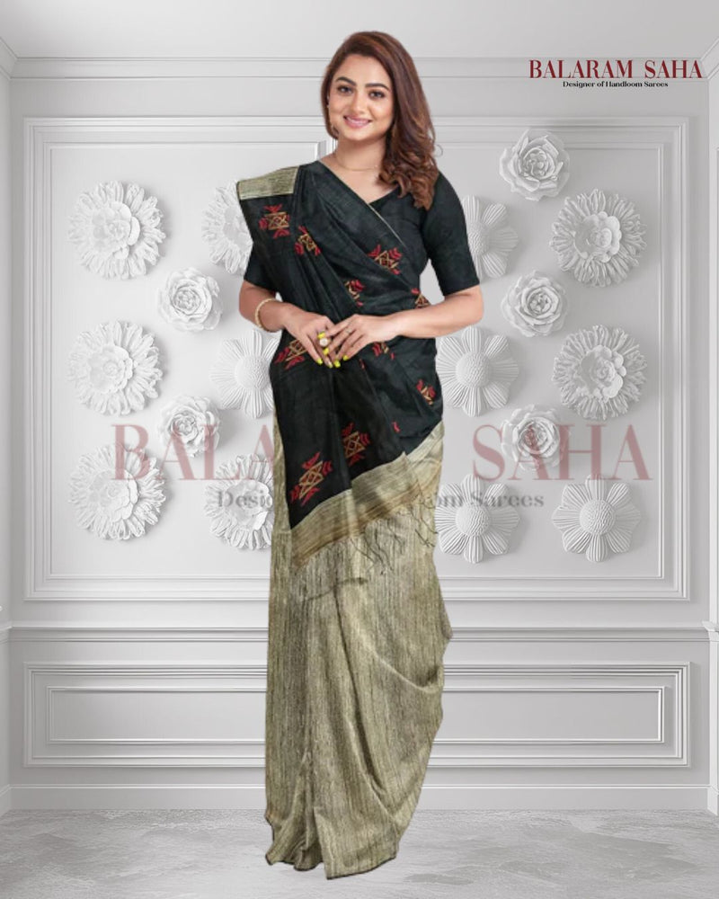 Soft Handloom Muslin Tussar Silk Saree with Woven Anchal Balaram Saha