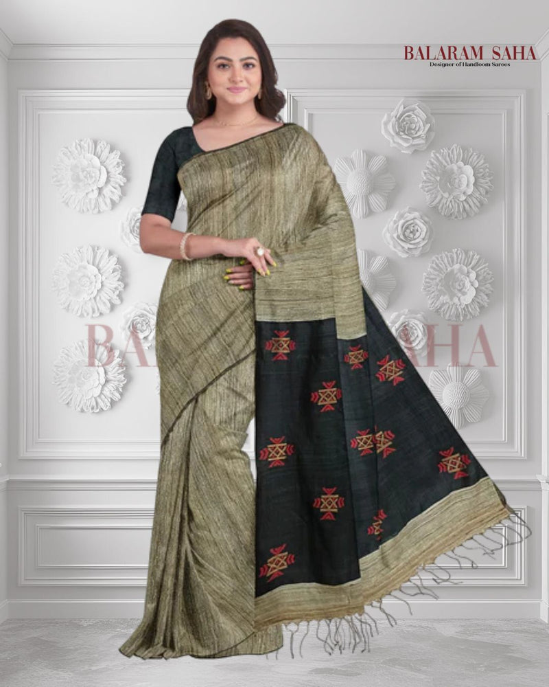 Soft Handloom Muslin Tussar Silk Saree with Woven Anchal Balaram Saha