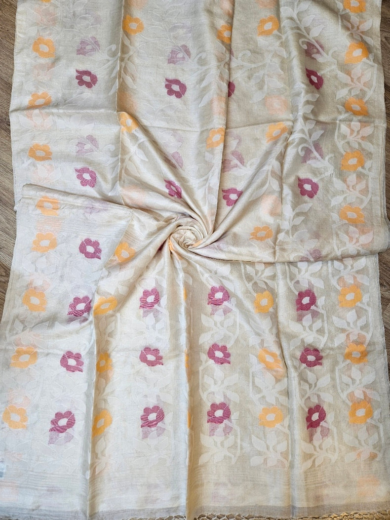 Cream & Multicolor Handloom Jacquard Jamdani Tussar Silk Saree Balaram Saha