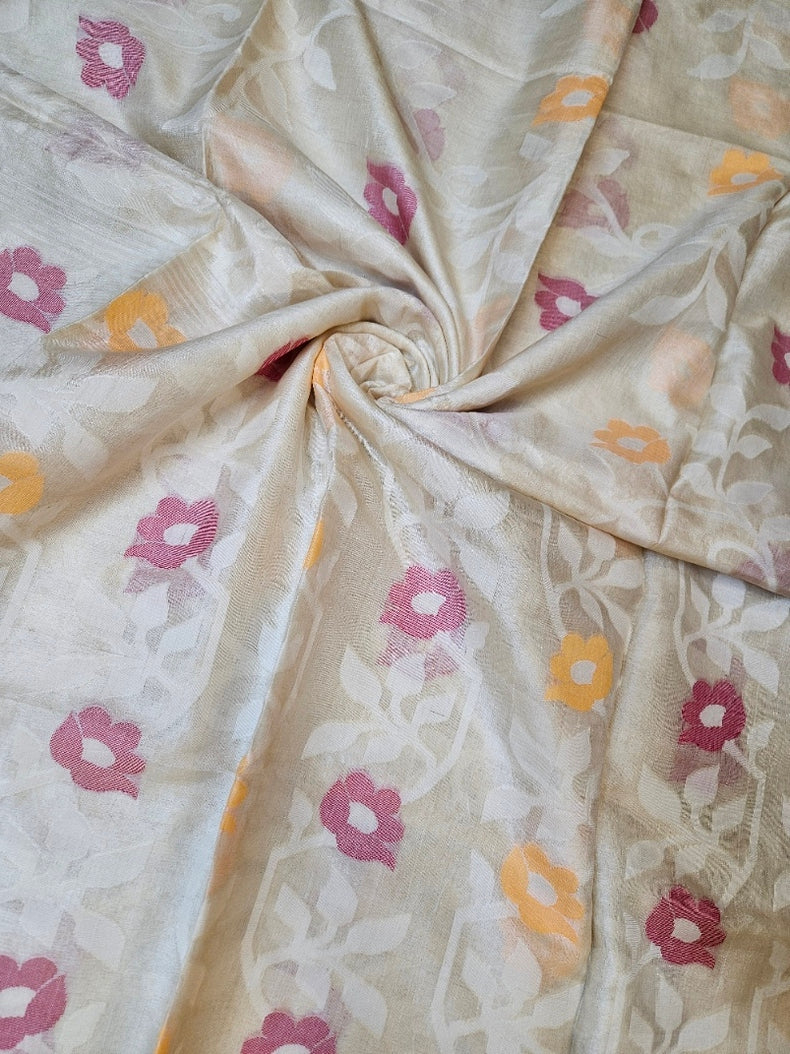 Cream & Multicolor Handloom Jacquard Jamdani Tussar Silk Saree Balaram Saha