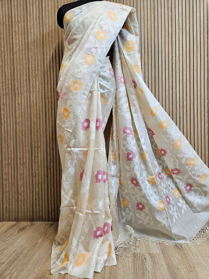 Cream & Multicolor Handloom Jacquard Jamdani Tussar Silk Saree Balaram Saha