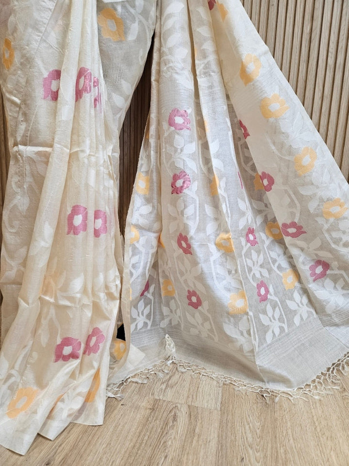 Cream & Multicolor Handloom Jacquard Jamdani Tussar Silk Saree Balaram Saha
