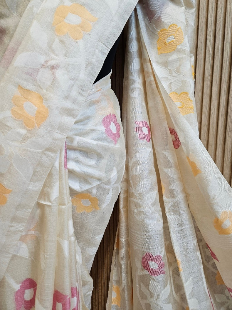 Cream & Multicolor Handloom Jacquard Jamdani Tussar Silk Saree Balaram Saha