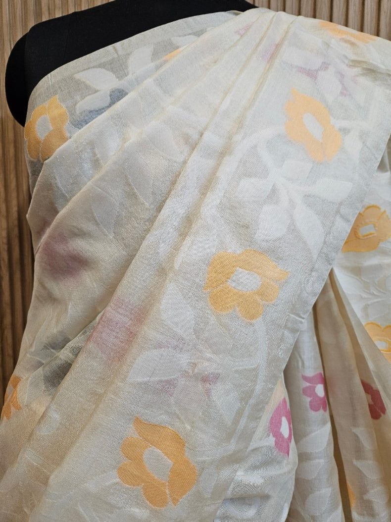 Cream & Multicolor Handloom Jacquard Jamdani Tussar Silk Saree Balaram Saha