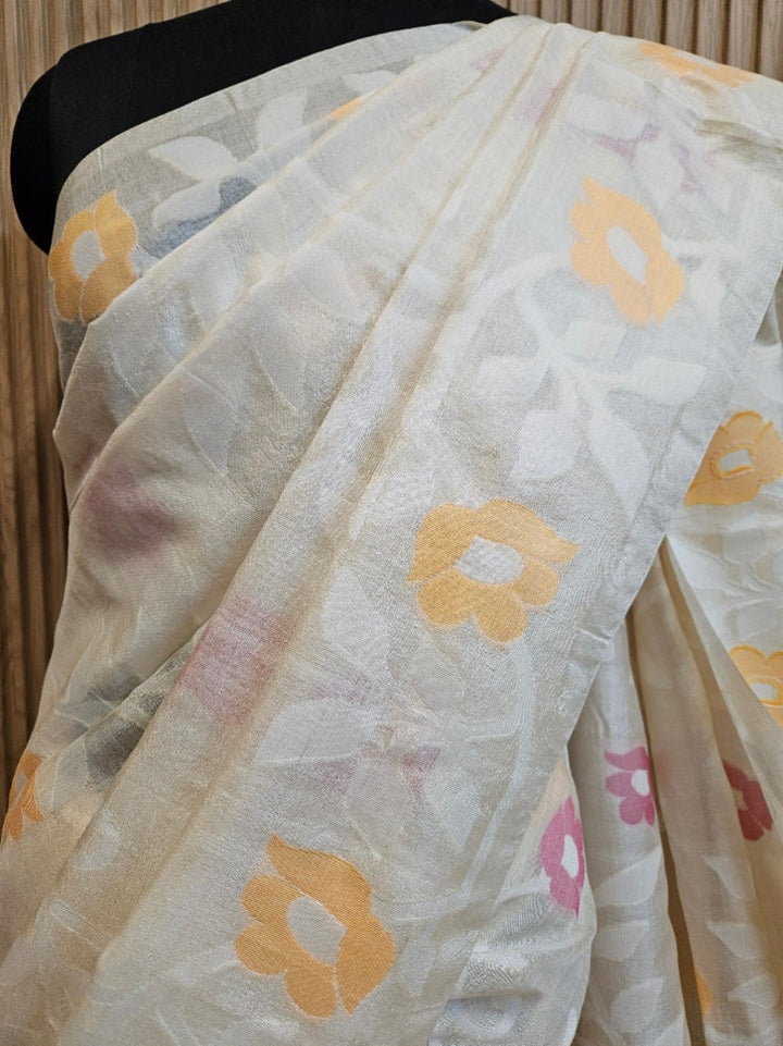 Cream & Multicolor Handloom Jacquard Jamdani Tussar Silk Saree Balaram Saha