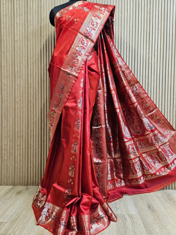 Brick Red & Gold Handloom Bishnupuri Katan Swarnachari Silk Saree Balaram Saha