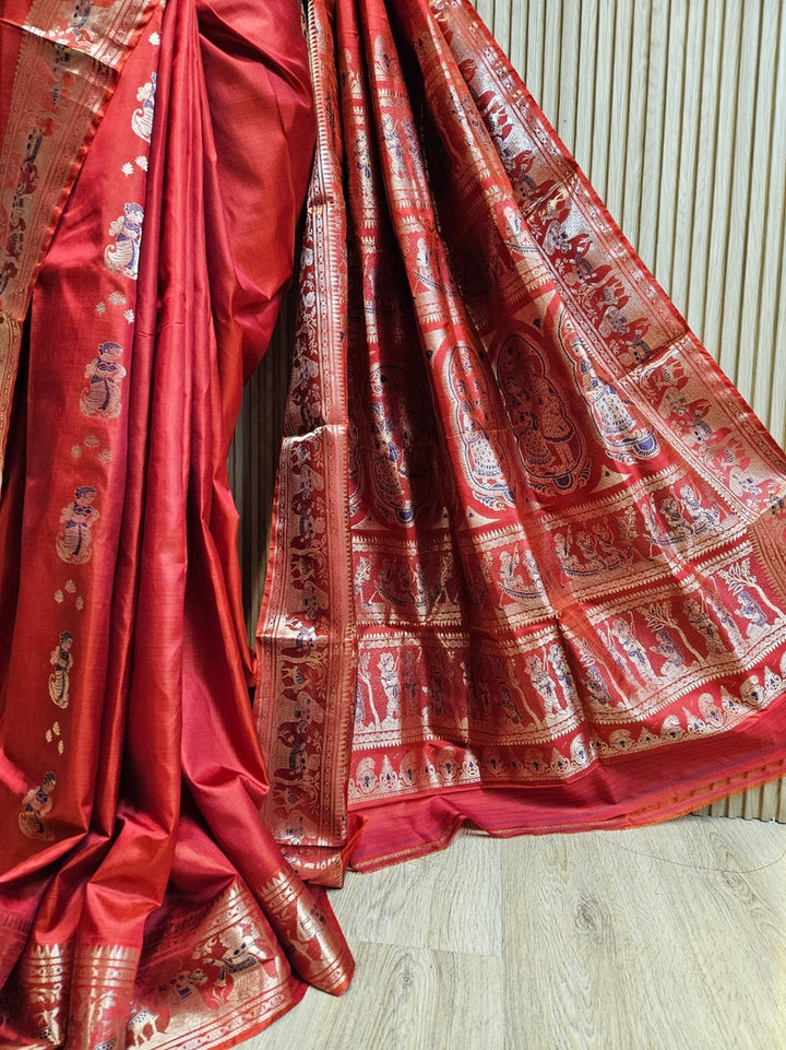 Brick Red & Gold Handloom Bishnupuri Katan Swarnachari Silk Saree Balaram Saha