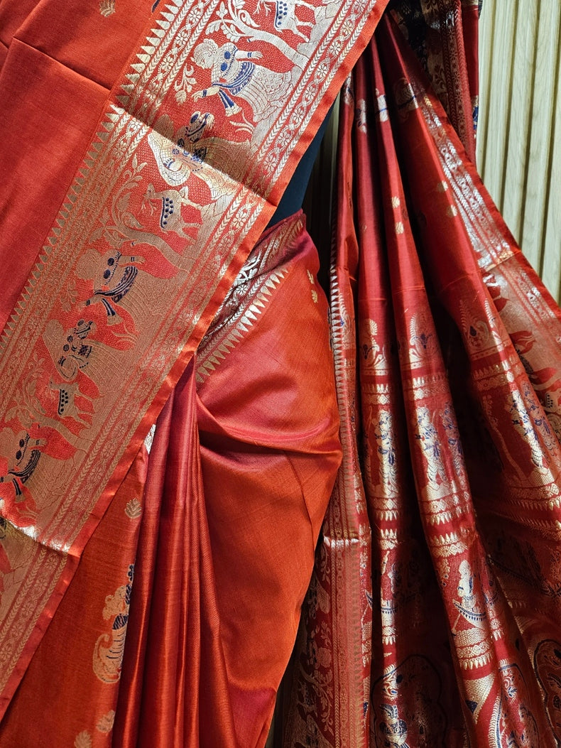 Brick Red & Gold Handloom Bishnupuri Katan Swarnachari Silk Saree Balaram Saha