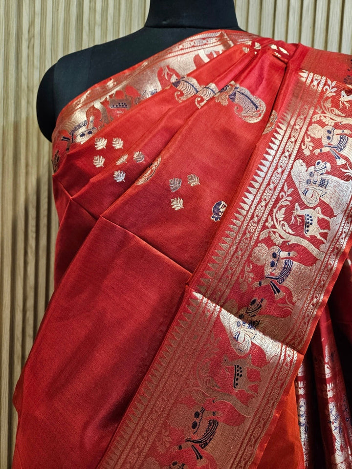 Brick Red & Gold Handloom Bishnupuri Katan Swarnachari Silk Saree Balaram Saha