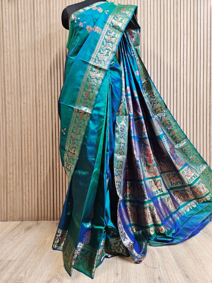 Peacock Blue Handloom Bishnupuri Katan Swarnachari Silk Saree with Zari Work Balaram Saha