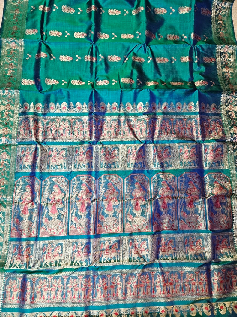 Peacock Blue Handloom Bishnupuri Katan Swarnachari Silk Saree with Zari Work Balaram Saha