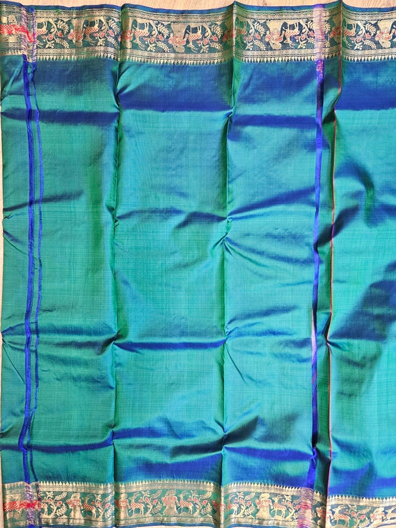 Peacock Blue Handloom Bishnupuri Katan Swarnachari Silk Saree with Zari Work Balaram Saha