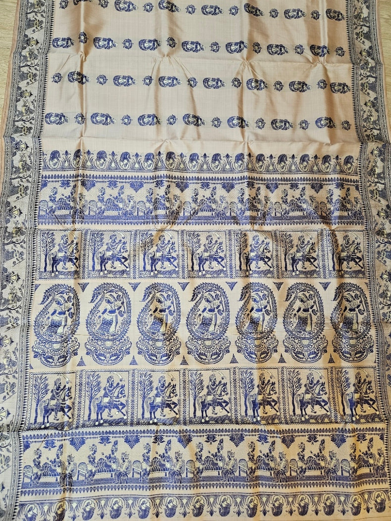 Cream & Blue Handloom Bishnupuri Katan Baluchuri Silk Saree Balaram Saha