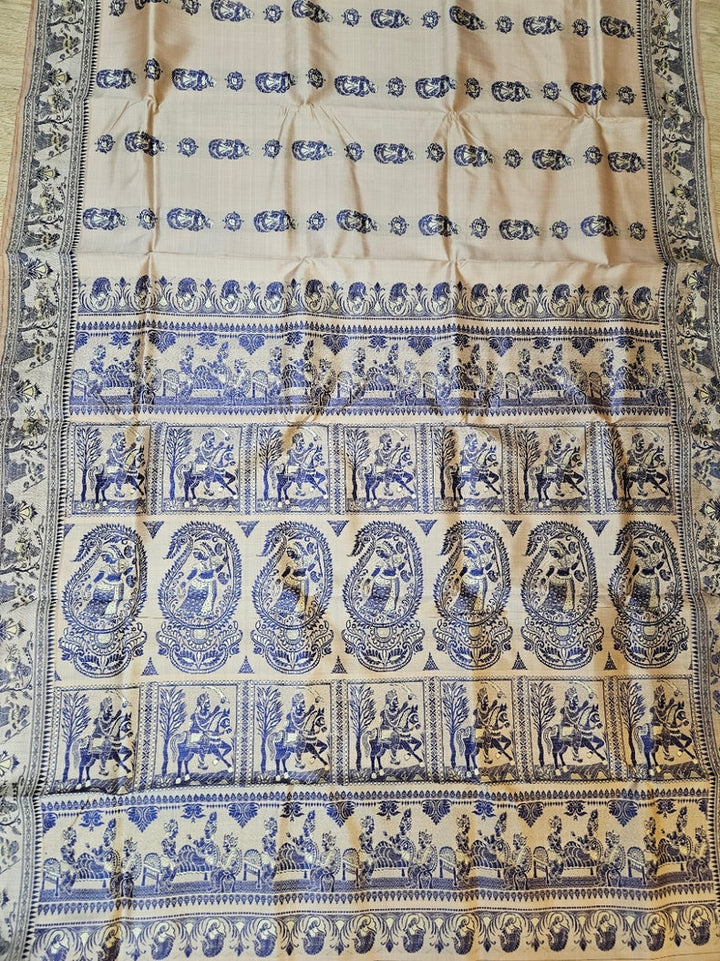 Cream & Blue Handloom Bishnupuri Katan Baluchuri Silk Saree Balaram Saha