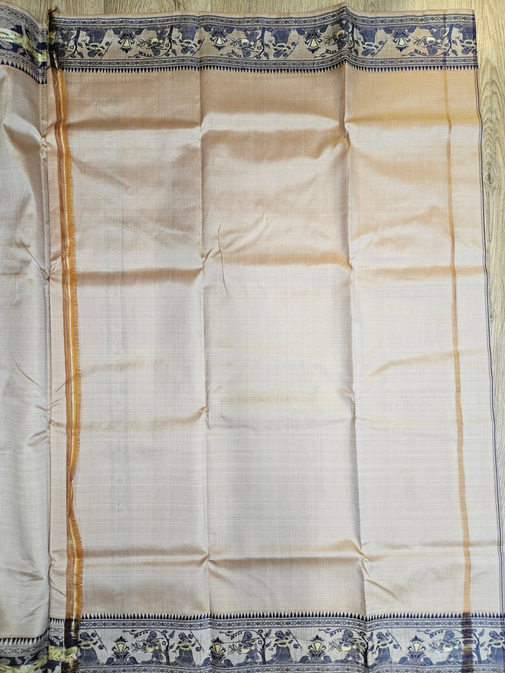 Cream & Blue Handloom Bishnupuri Katan Baluchuri Silk Saree Balaram Saha