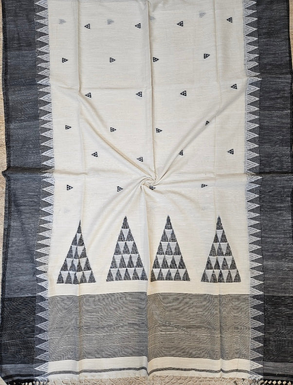 Off-White & Black Premium Handloom Cotton Saree with Temple Woven Border & Aanchal Balaram Saha