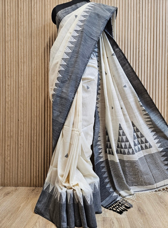 Off-White & Black Premium Handloom Cotton Saree with Temple Woven Border & Aanchal Balaram Saha